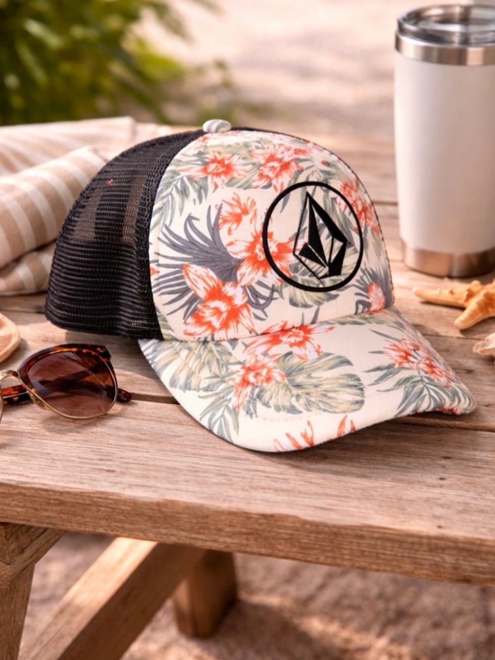 Volcom Cream Floral Trucker Hat with Black Mesh